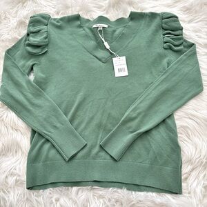 NWT Milano Green V-Neck Sweater with Ruched Shoulders XS